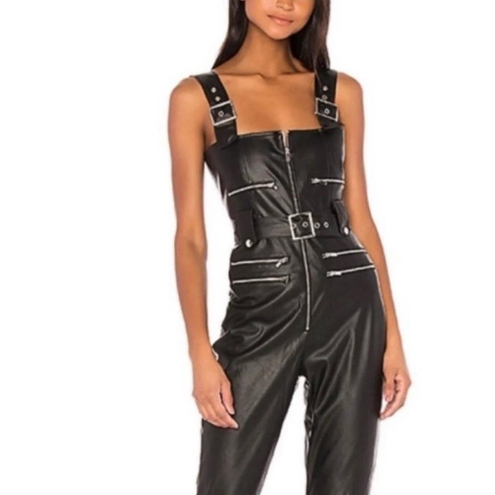 WE‎ WORE WHAT Moto Overalls Vegan Leather Black XS WWQ06 1